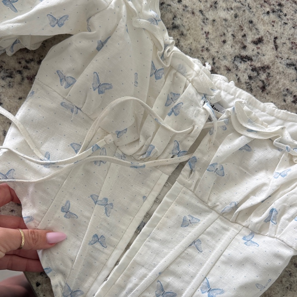 Charlie Holiday White Corset Top with Blue Butterfly Print